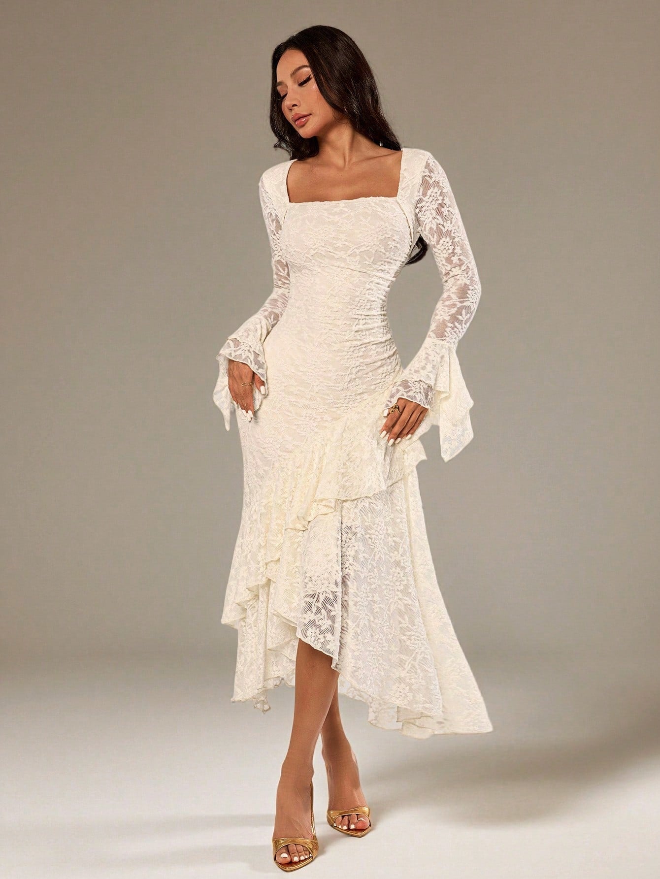 PETITE Autumn Solid White Textured Floral Square Neck Long Sleeve Asymmetric Hem Ruffle Women's Maxi Dress, Suitable For Cocktail Parties Formal Birthday