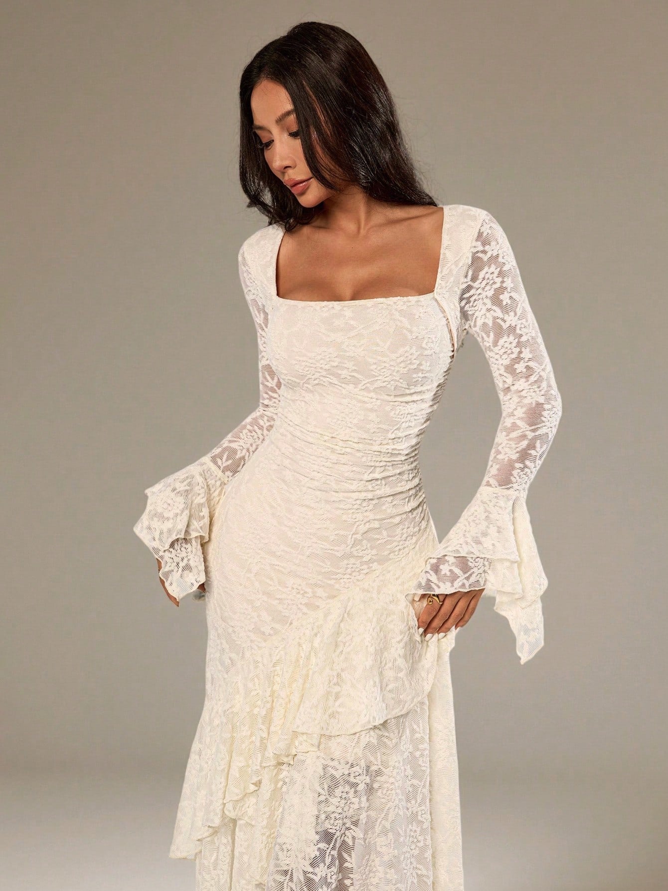 PETITE Autumn Solid White Textured Floral Square Neck Long Sleeve Asymmetric Hem Ruffle Women's Maxi Dress, Suitable For Cocktail Parties Formal Birthday