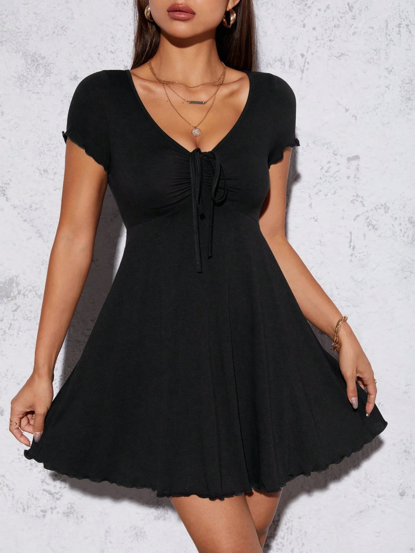 PETITE Lettuce Trim Drawstring Knot Front Summer Women Outfit Black Dress,Summer Dresses For Women,Business Casual Woman,Petite Women