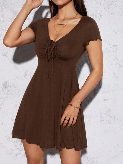 PETITE Lettuce Trim Drawstring Knot Front Summer Women Outfit Black Dress,Summer Dresses For Women,Business Casual Woman,Petite Women