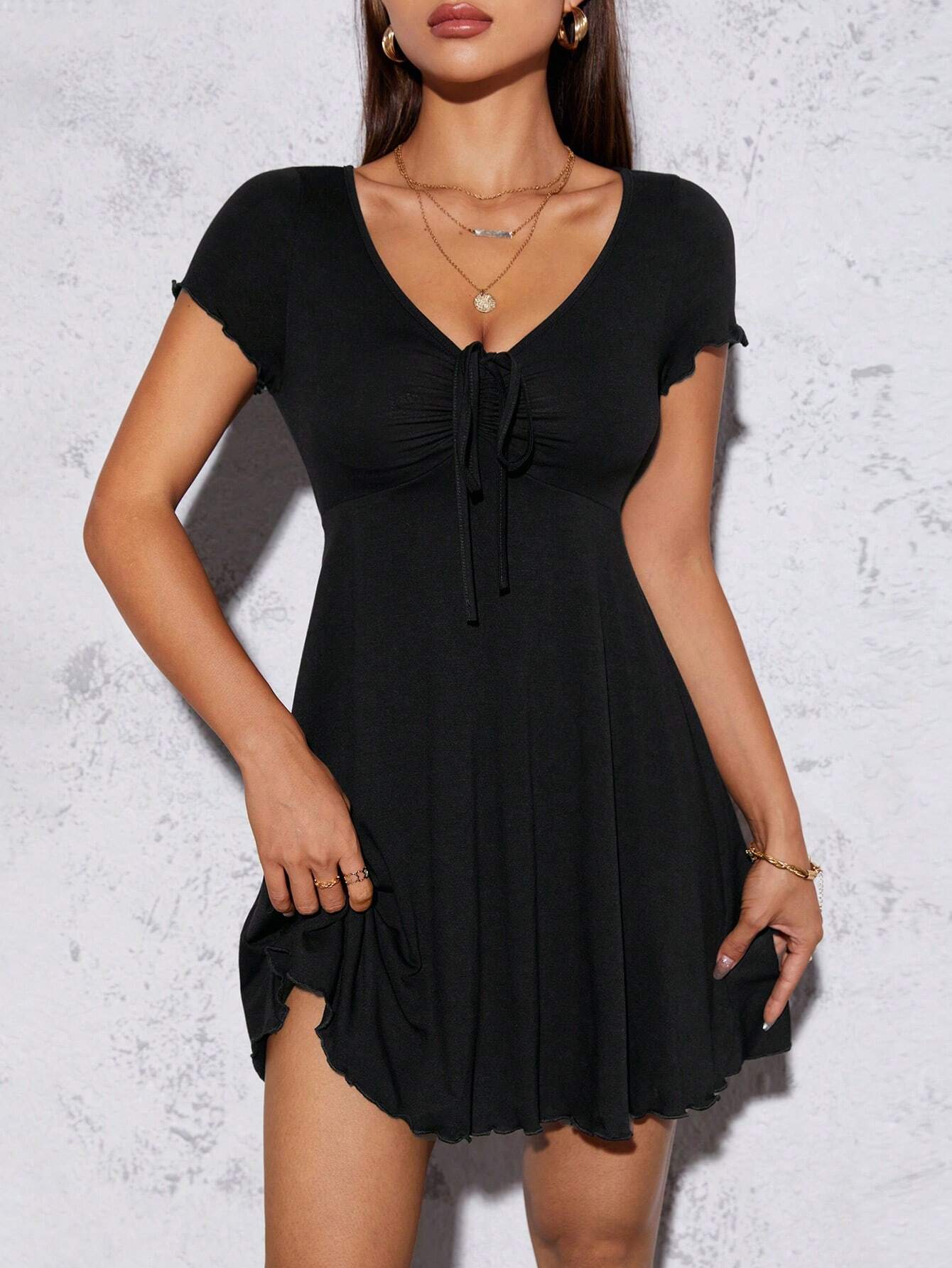 PETITE Lettuce Trim Drawstring Knot Front Summer Women Outfit Black Dress,Summer Dresses For Women,Business Casual Woman,Petite Women