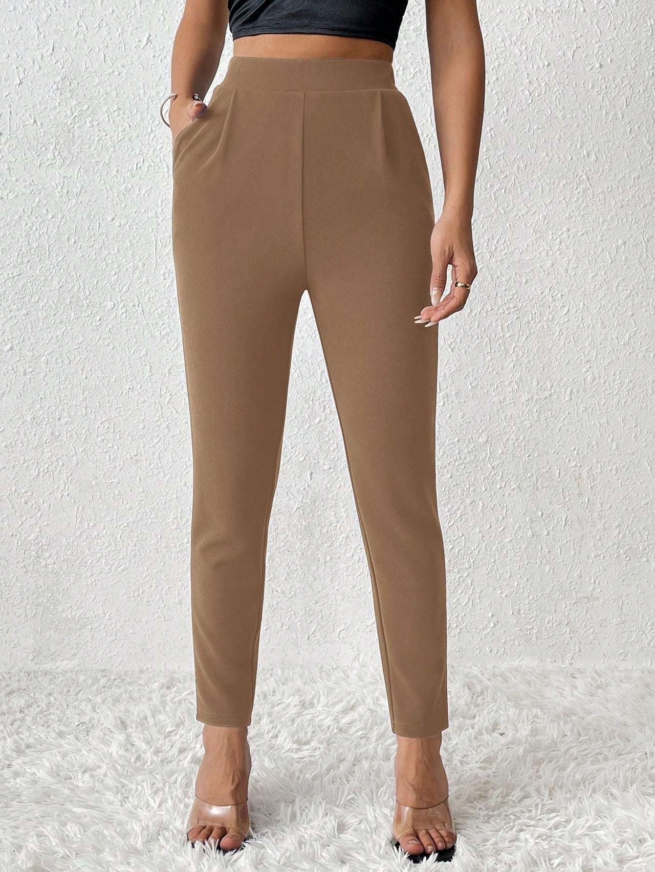 PETITE Solid Color Tapered Long Pants,Petite Women