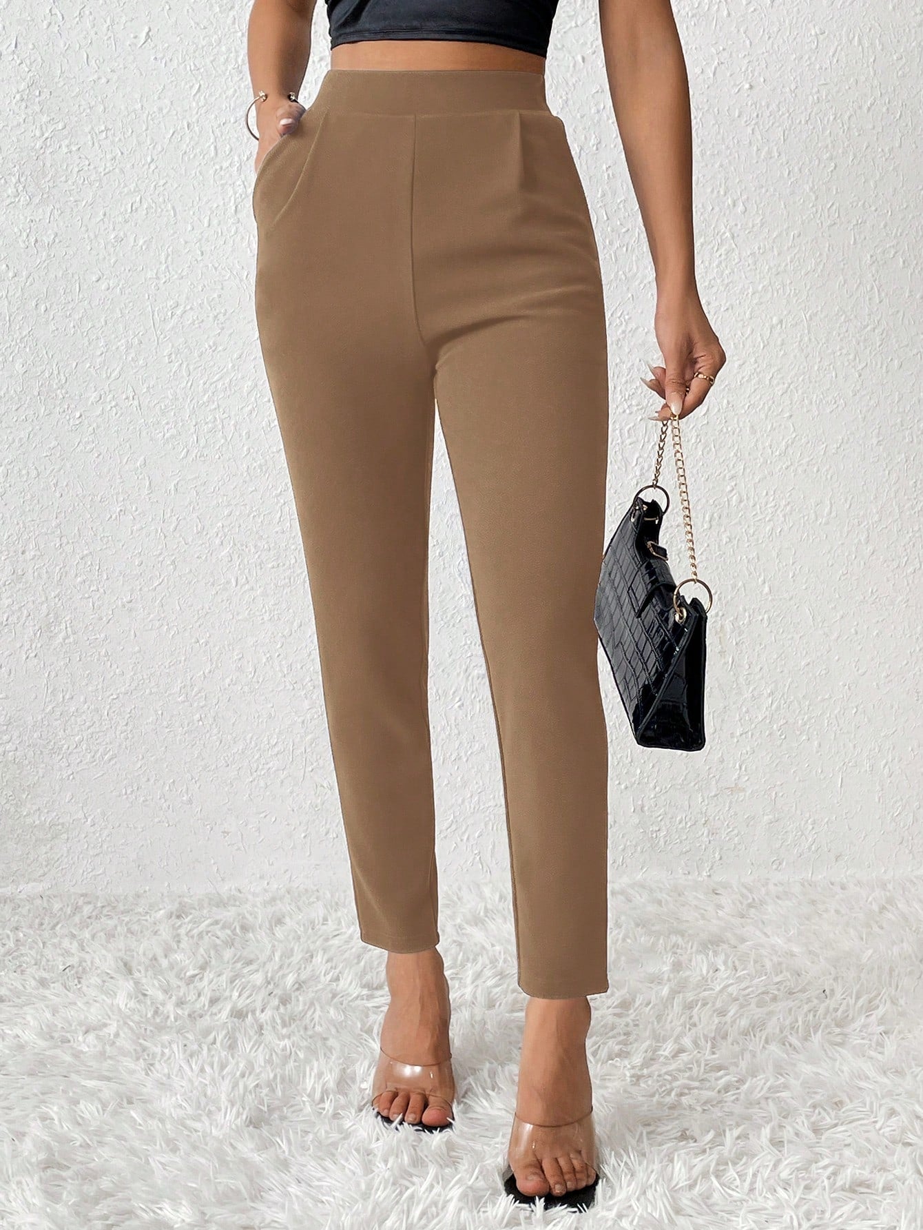 PETITE Solid Color Tapered Long Pants,Petite Women
