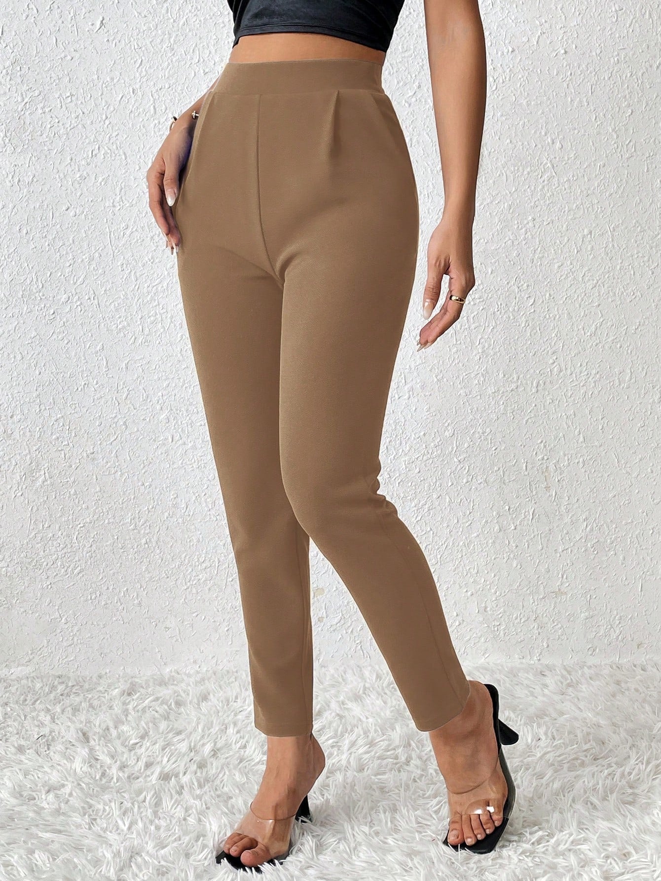 PETITE Solid Color Tapered Long Pants,Petite Women