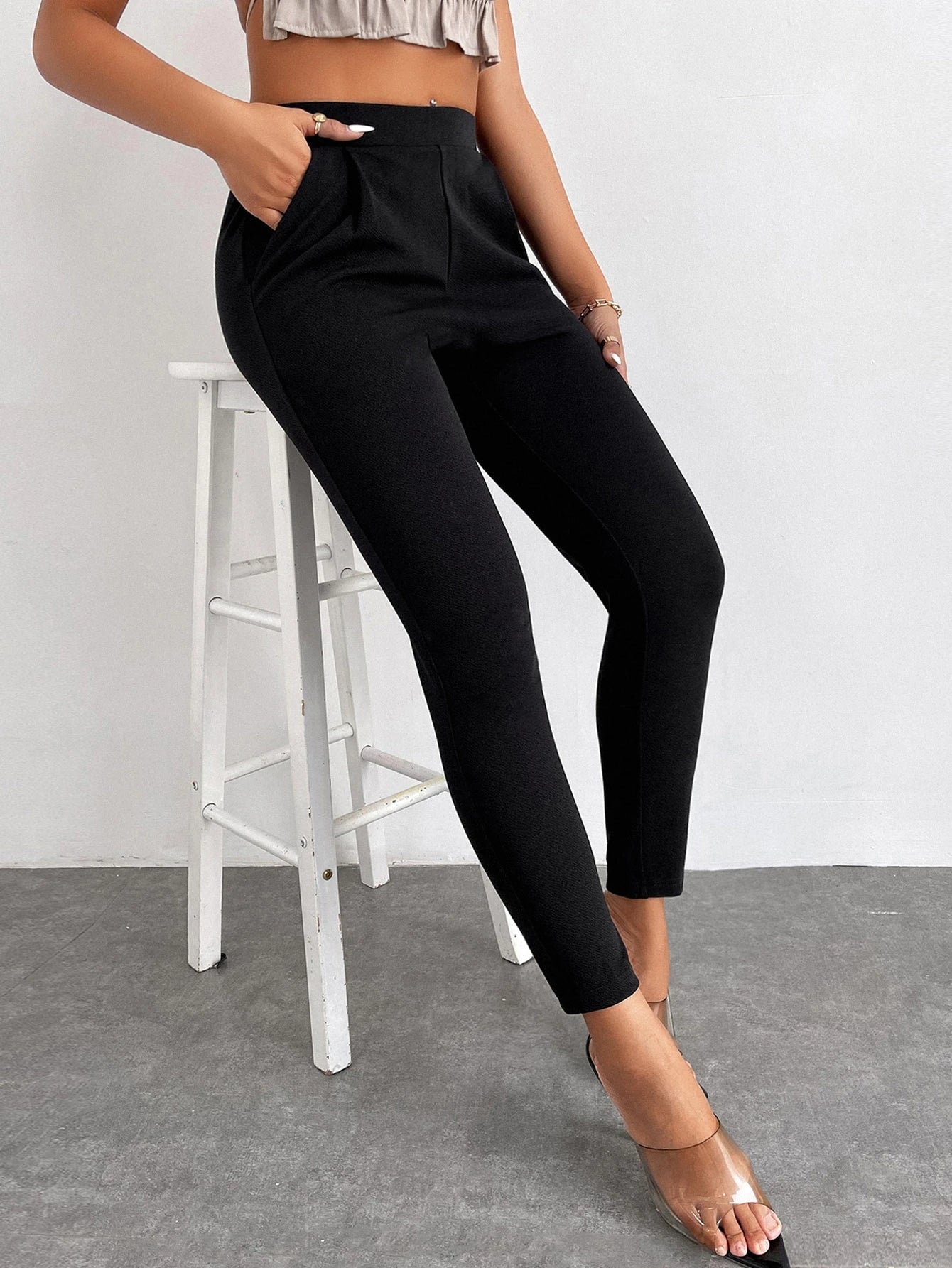 PETITE Solid Color Tapered Long Pants,Petite Women