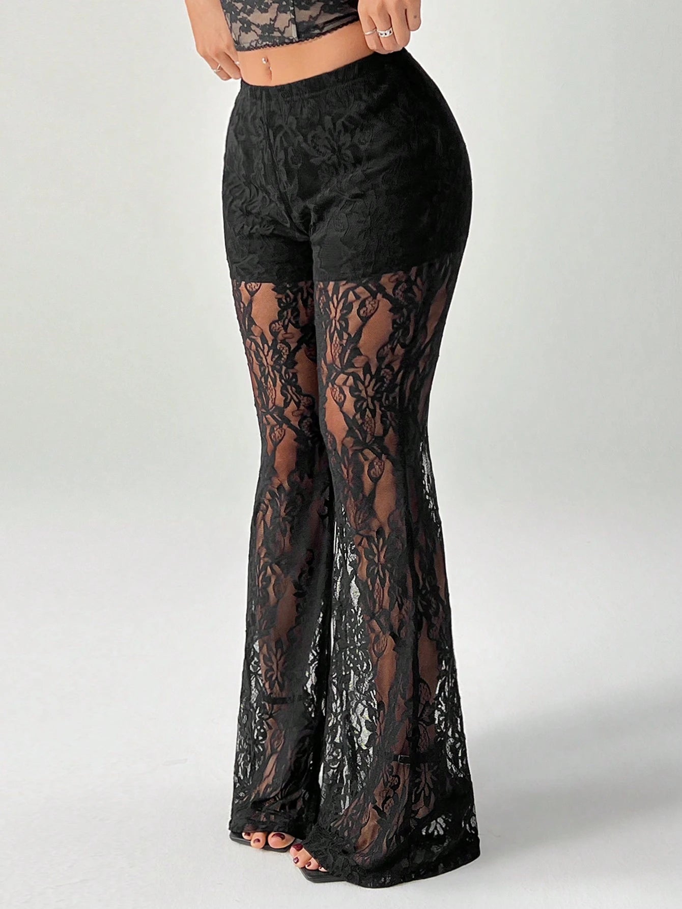 PETITE Women's High Waist Flare Lace Knit Vacation Pants,Petite Women Party Black Summer Disco Sexy