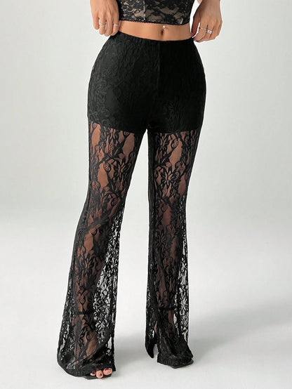 PETITE Women's High Waist Flare Lace Knit Vacation Pants,Petite Women Party Black Summer Disco Sexy