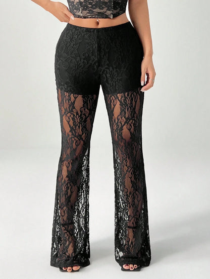 PETITE Women's High Waist Flare Lace Knit Vacation Pants,Petite Women Party Black Summer Disco Sexy