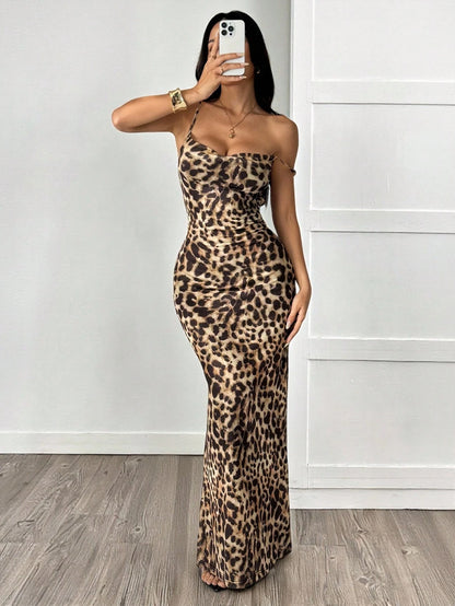 PETITE Women's Long Casual Sexy Dress, Simple Fashion Leopard Print Strap, Daily Wear,Cheetah Print,Petite Party Club Night Out All Shades Of Brown Summer