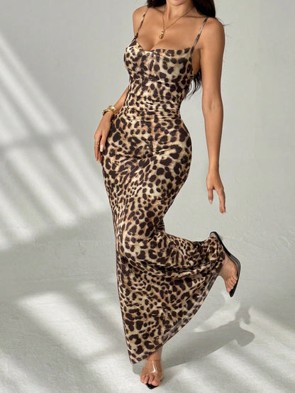 PETITE Women's Long Casual Sexy Dress, Simple Fashion Leopard Print Strap, Daily Wear,Cheetah Print,Petite Party Club Night Out All Shades Of Brown Summer