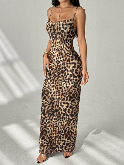 PETITE Women's Long Casual Sexy Dress, Simple Fashion Leopard Print Strap, Daily Wear,Cheetah Print,Petite Party Club Night Out All Shades Of Brown Summer
