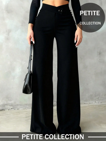 Petite Women's Solid Color Casual Elegant Straight Leg Pants, Suitable For Daily Wear, Office Commute, Dates, Holidays, Parties Black Spring