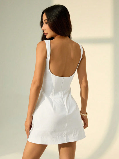 PETITE Women Summer Solid Zipper Front Casual Elegant Versatile Jumper Dress White, Business Attire, Petite Wedding Party