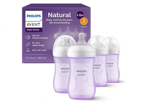 Philips Avent Natural Baby Bottle With Natural Response Nipple, Purple, 9oz 4pk, SCY903/34