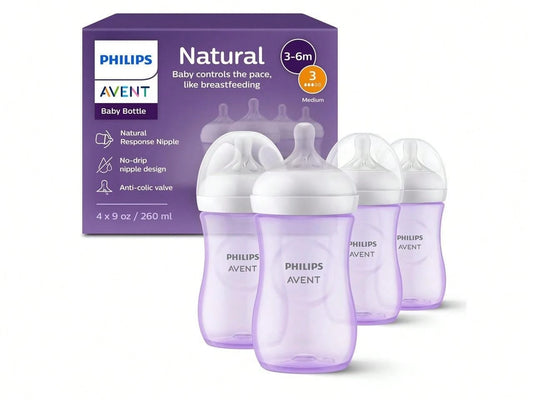 Philips Avent Natural Baby Bottle With Natural Response Nipple, Purple, 9oz 4pk, SCY903/34