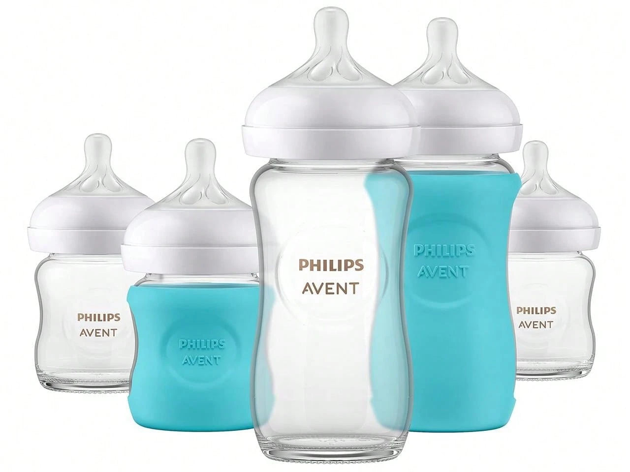 Philips Avent Natural Newborn Glass Gift Set, Baby Bottles With Natural Response Nipples, 3x 4oz (Slow Flow, Flow 2) And 2x 8oz (Medium Flow, Flow 3), 2x Silicone Sleeves, SCD858/01