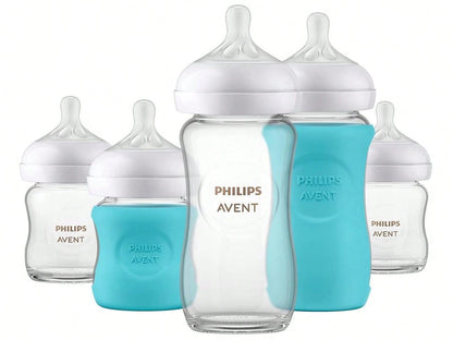 Philips Avent Natural Newborn Glass Gift Set, Baby Bottles With Natural Response Nipples, 3x 4oz (Slow Flow, Flow 2) And 2x 8oz (Medium Flow, Flow 3), 2x Silicone Sleeves, SCD858/01