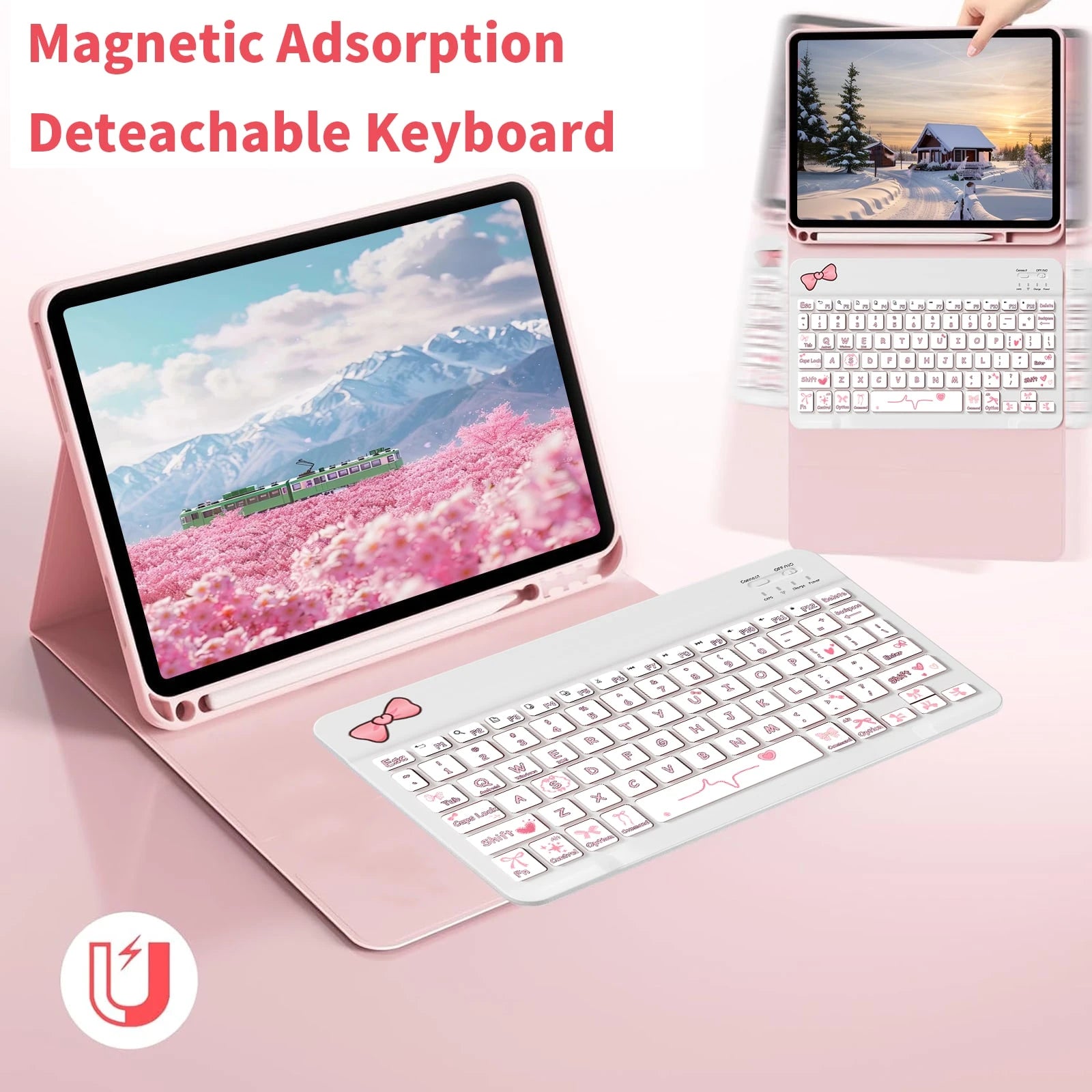 Pink Bow Design Flip Pad Case Wireless Bluetooth Keyboard (150mAh) With Detachable Keyboard Case And Stylus Holder Compatible With Samsung Galaxy Tab, Pad SE Spring Gift