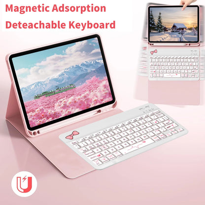Pink Bow Design Flip Pad Case Wireless Bluetooth Keyboard (150mAh) With Detachable Keyboard Case And Stylus Holder Compatible With Samsung Galaxy Tab, Pad SE Spring Gift