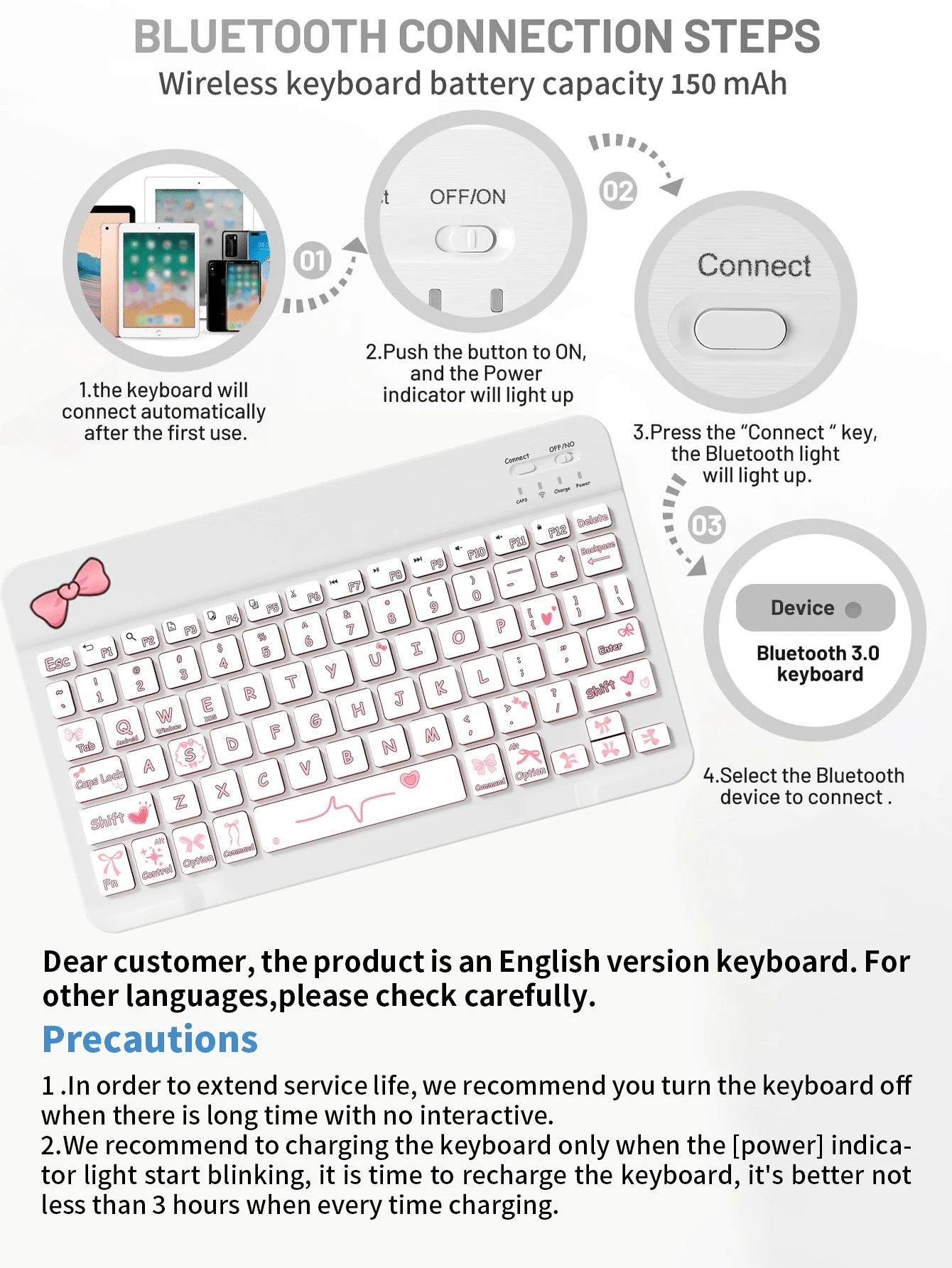 Pink Bow Design Flip Pad Case Wireless Bluetooth Keyboard (150mAh) With Detachable Keyboard Case And Stylus Holder Compatible With Samsung Galaxy Tab, Pad SE Spring Gift