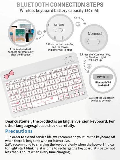 Pink Bow Design Flip Pad Case Wireless Bluetooth Keyboard (150mAh) With Detachable Keyboard Case And Stylus Holder Compatible With Samsung Galaxy Tab, Pad SE Spring Gift