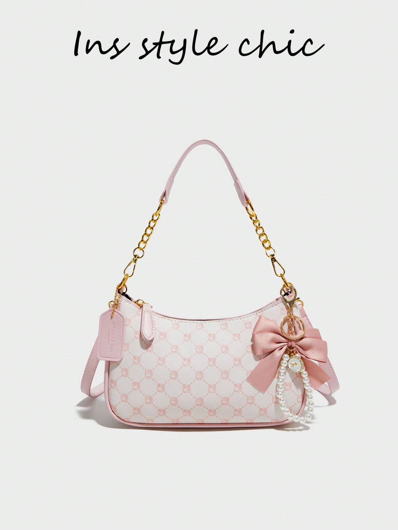 Pink Bow Pendant Design, Metal Zipper Closure, Adjustable Metal Chain Strap On Top, And Stylish, Suitable For Shoulder, Perfect For Commuting, Aesthetic