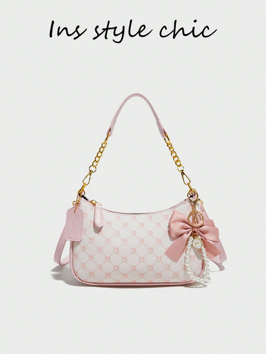 Pink Bow Pendant Design, Metal Zipper Closure, Adjustable Metal Chain Strap On Top, And Stylish, Suitable For Shoulder, Perfect For Commuting, Aesthetic
