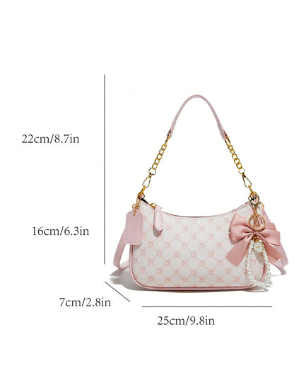 Pink Bow Pendant Design, Metal Zipper Closure, Adjustable Metal Chain Strap On Top, And Stylish, Suitable For Shoulder, Perfect For Commuting, Aesthetic