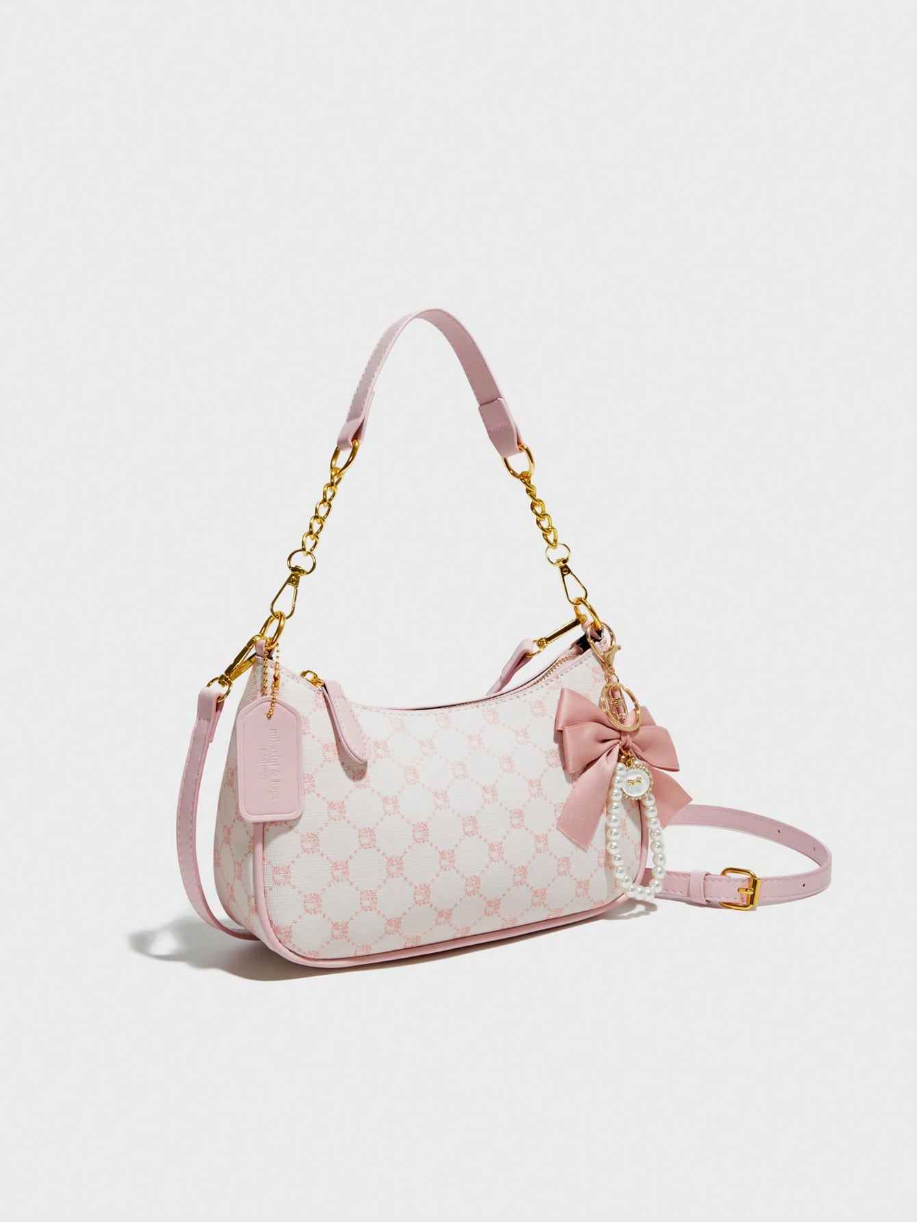 Pink Bow Pendant Design, Metal Zipper Closure, Adjustable Metal Chain Strap On Top, And Stylish, Suitable For Shoulder, Perfect For Commuting, Aesthetic