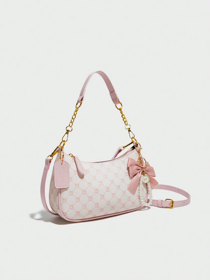 Pink Bow Pendant Design, Metal Zipper Closure, Adjustable Metal Chain Strap On Top, And Stylish, Suitable For Shoulder, Perfect For Commuting, Aesthetic