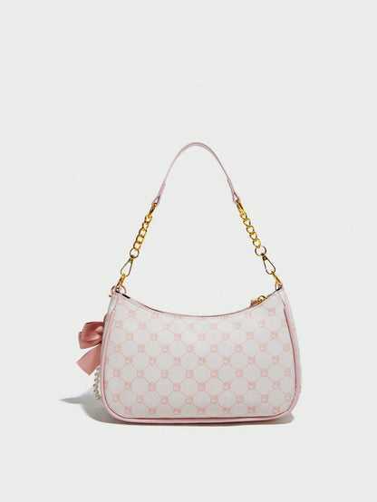 Pink Bow Pendant Design, Metal Zipper Closure, Adjustable Metal Chain Strap On Top, And Stylish, Suitable For Shoulder, Perfect For Commuting, Aesthetic