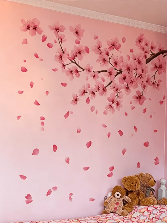 Pink Cherry Blossom Branch Wall Decal Set, Includes Falling Petals, Removable Floral Stickers, Suitable For Nursery Decor, Children's Room Wall Art Decoration