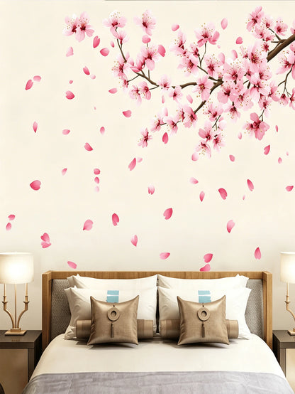Pink Cherry Blossom Branch Wall Decal Set, Includes Falling Petals, Removable Floral Stickers, Suitable For Nursery Decor, Children's Room Wall Art Decoration