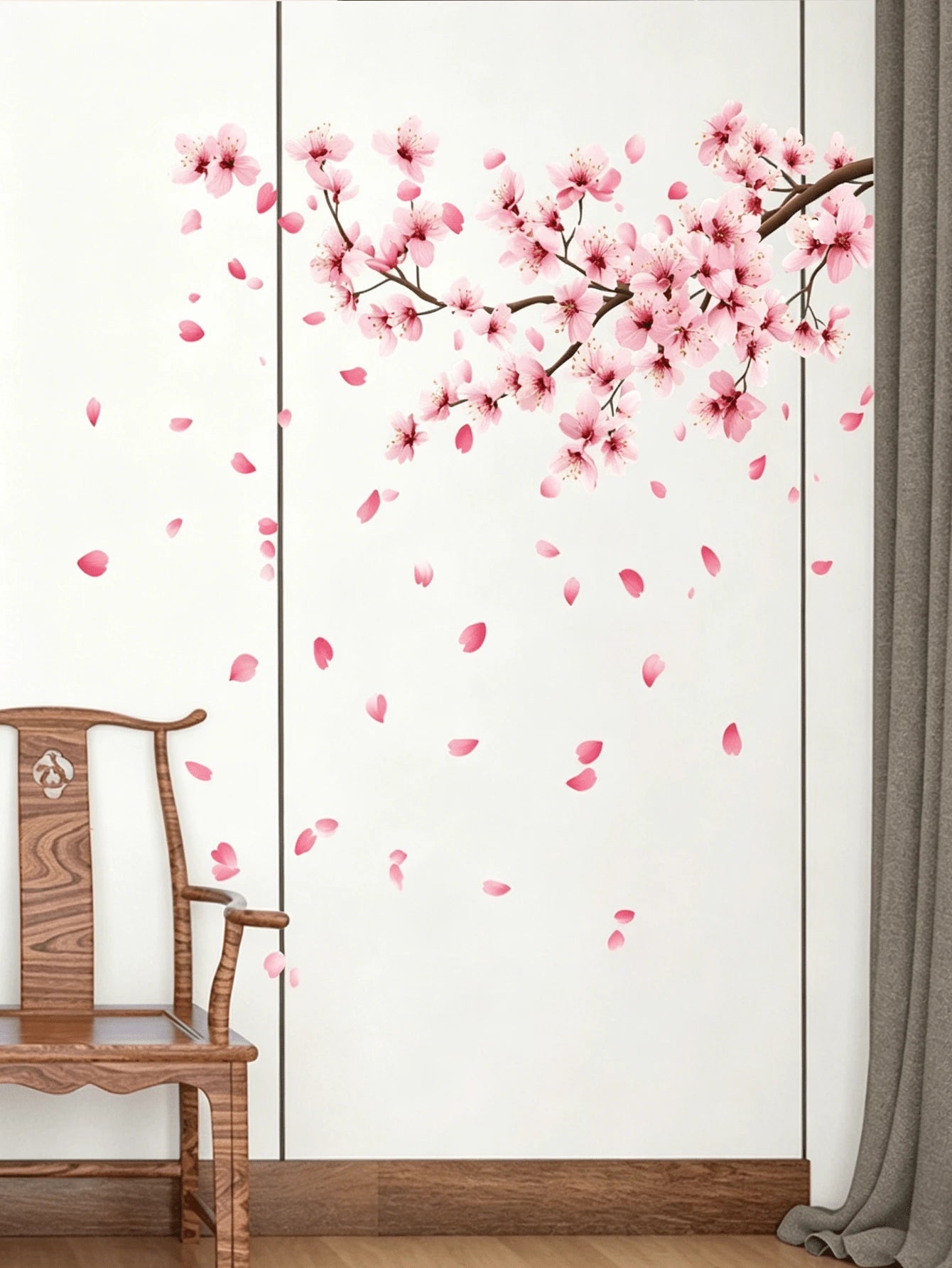 Pink Cherry Blossom Branch Wall Decal Set, Includes Falling Petals, Removable Floral Stickers, Suitable For Nursery Decor, Children's Room Wall Art Decoration