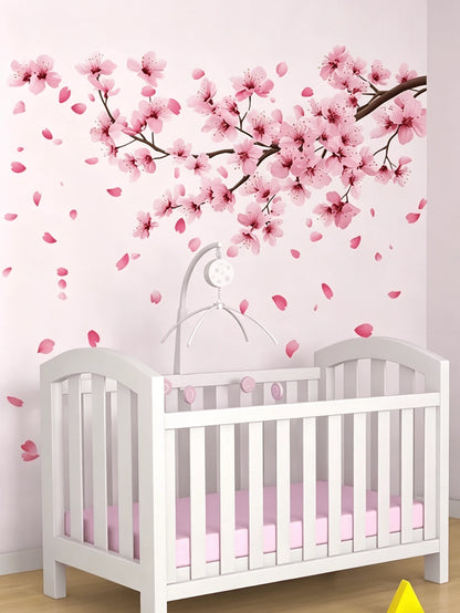 Pink Cherry Blossom Branch Wall Decal Set, Includes Falling Petals, Removable Floral Stickers, Suitable For Nursery Decor, Children's Room Wall Art Decoration