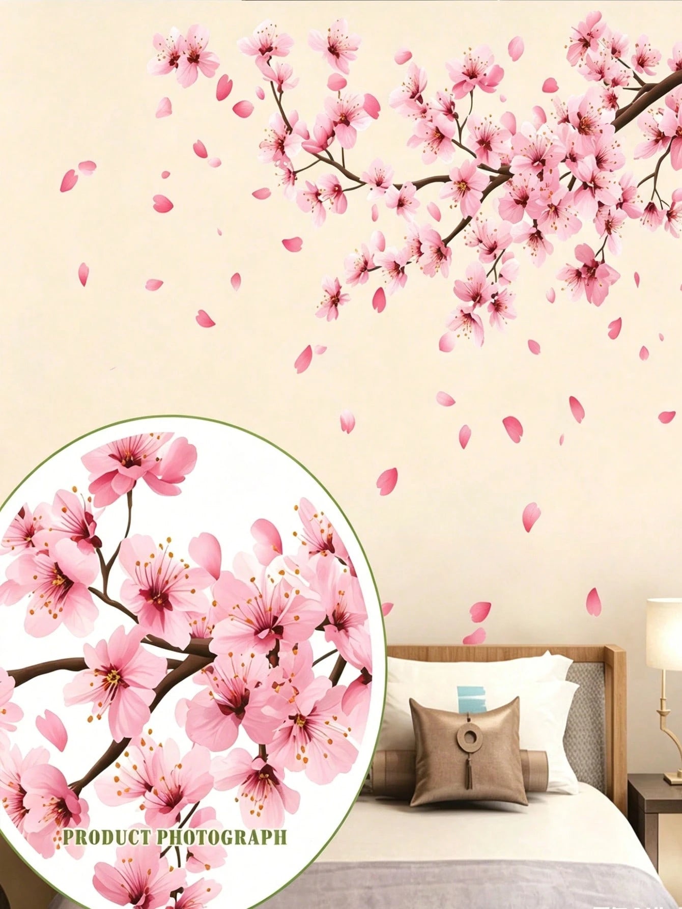 Pink Cherry Blossom Branch Wall Decal Set, Includes Falling Petals, Removable Floral Stickers, Suitable For Nursery Decor, Children's Room Wall Art Decoration