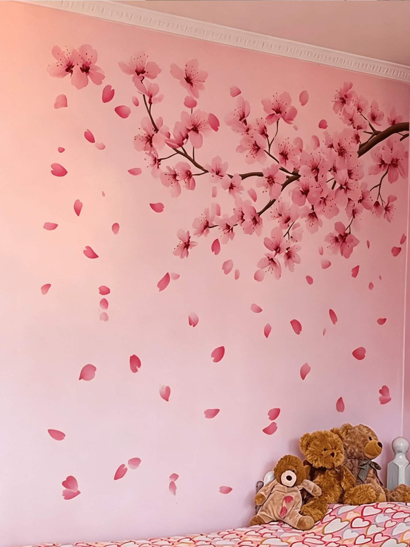 Pink Cherry Blossom Branch Wall Decal Set, Includes Falling Petals, Removable Floral Stickers, Suitable For Nursery Decor, Children's Room Wall Art Decoration