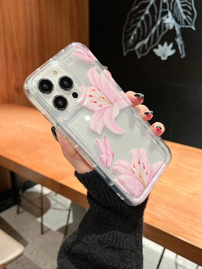 Pink Flower Elements Fashion Phone Shockproof Case Lily Butterfly Pattern 1Pc Ins Style Space Shell Transparent Cream Protective Phone Case For Women, Spring International Version, Birthday Anniversar