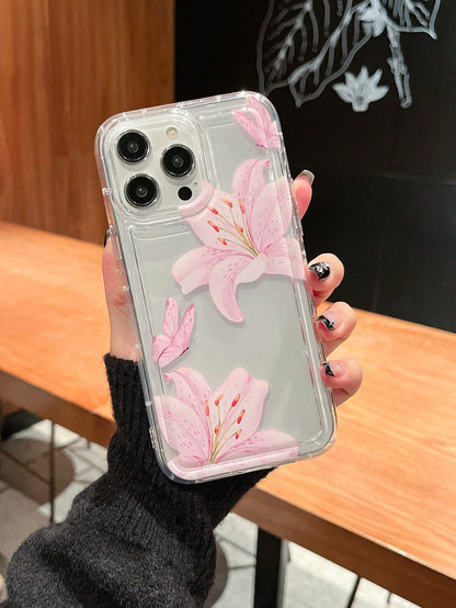 Pink Flower Elements Fashion Phone Shockproof Case Lily Butterfly Pattern 1Pc Ins Style Space Shell Transparent Cream Protective Phone Case For Women, Spring International Version, Birthday Anniversar