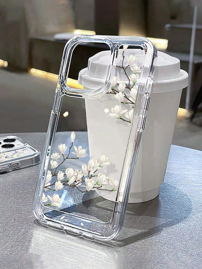 Pink Flower Elements Fashion Phone Shockproof Case Lily Butterfly Pattern 1Pc Ins Style Space Shell Transparent Cream Protective Phone Case For Women, Spring International Version, Birthday Anniversar