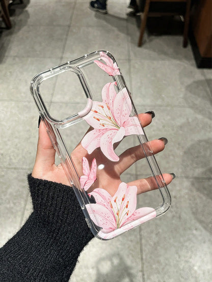 Pink Flower Elements Fashion Phone Shockproof Case Lily Butterfly Pattern 1Pc Ins Style Space Shell Transparent Cream Protective Phone Case For Women, Spring International Version, Birthday Anniversar