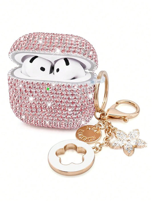 Pink Rhinestone Glitter Hard PC Shell Shockproof Shining Shiny Bluetooth Earphone Case 1pc With Keychain Accessory Compatible With Apple 1/2/3 Pro/Pro 2 Spring Birthday Gift Anniversary Party Wedding