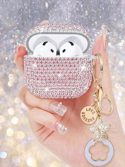 Pink Rhinestone Glitter Hard PC Shell Shockproof Shining Shiny Bluetooth Earphone Case 1pc With Keychain Accessory Compatible With Apple 1/2/3 Pro/Pro 2 Spring Birthday Gift Anniversary Party Wedding
