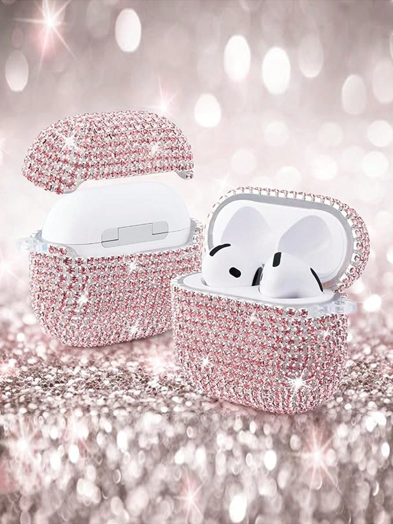 Pink Rhinestone Glitter Hard PC Shell Shockproof Shining Shiny Bluetooth Earphone Case 1pc With Keychain Accessory Compatible With Apple 1/2/3 Pro/Pro 2 Spring Birthday Gift Anniversary Party Wedding