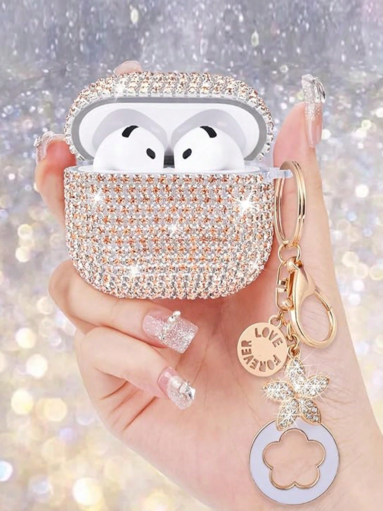 Pink Rhinestone Glitter Hard PC Shell Shockproof Shining Shiny Bluetooth Earphone Case 1pc With Keychain Accessory Compatible With Apple 1/2/3 Pro/Pro 2 Spring Birthday Gift Anniversary Party Wedding