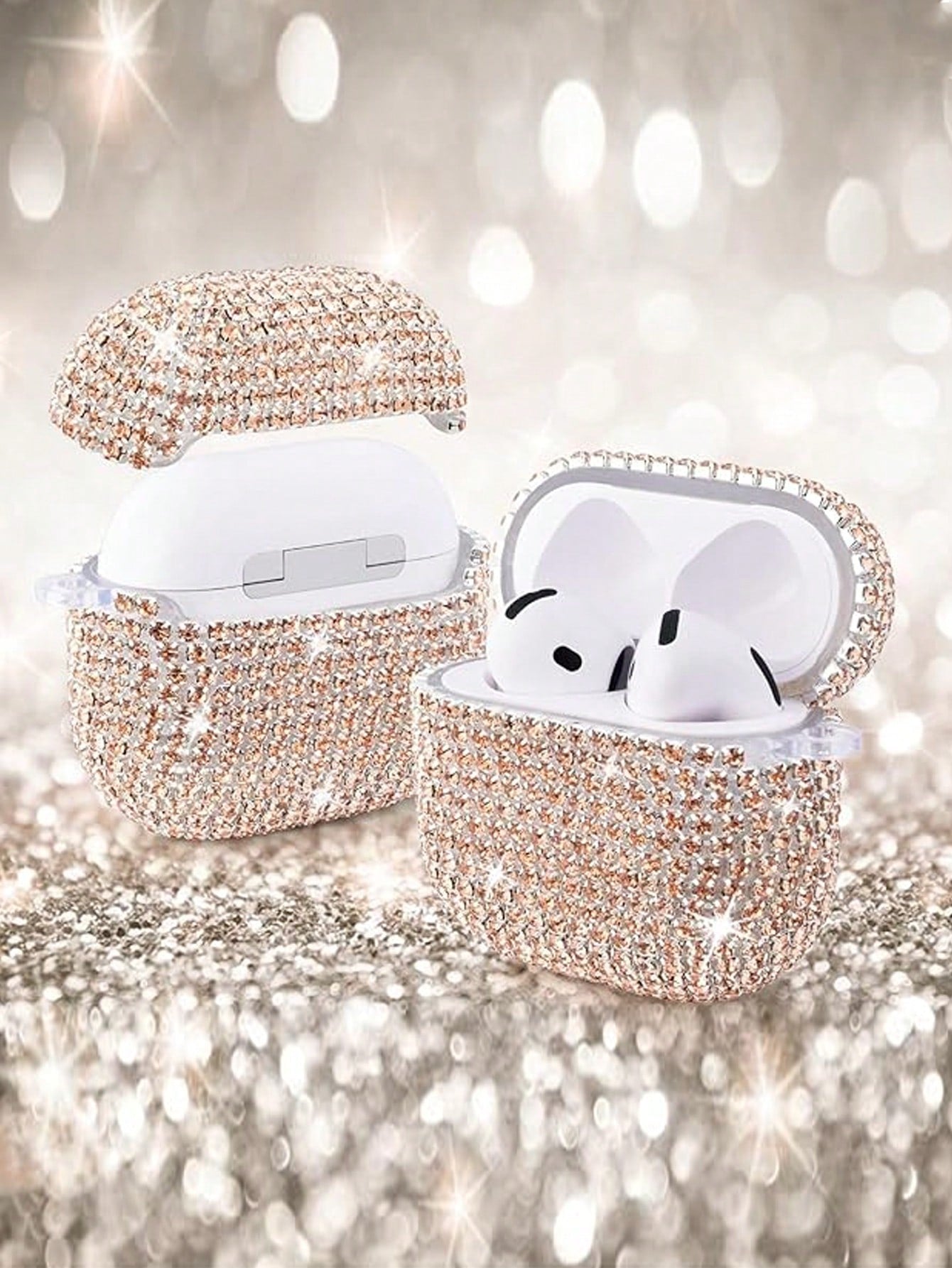 Pink Rhinestone Glitter Hard PC Shell Shockproof Shining Shiny Bluetooth Earphone Case 1pc With Keychain Accessory Compatible With Apple 1/2/3 Pro/Pro 2 Spring Birthday Gift Anniversary Party Wedding