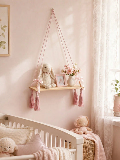 Pink Rope Woven Hanging Wall Shelf (With Wooden Board), Tassel Rope Nursery Decor, Bohemian Style Nursery Wall Storage Rack, Cute Bow Hanging Wall Shelf, Suitable For Children's Bedroom, Girls' Room