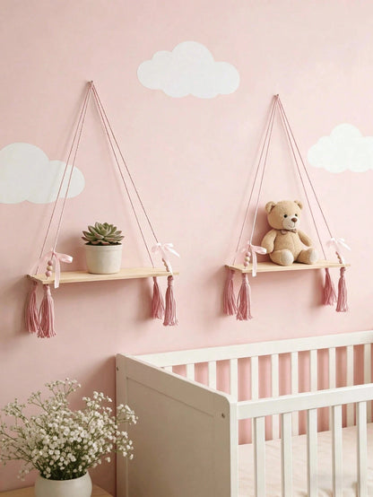 Pink Rope Woven Hanging Wall Shelf (With Wooden Board), Tassel Rope Nursery Decor, Bohemian Style Nursery Wall Storage Rack, Cute Bow Hanging Wall Shelf, Suitable For Children's Bedroom, Girls' Room