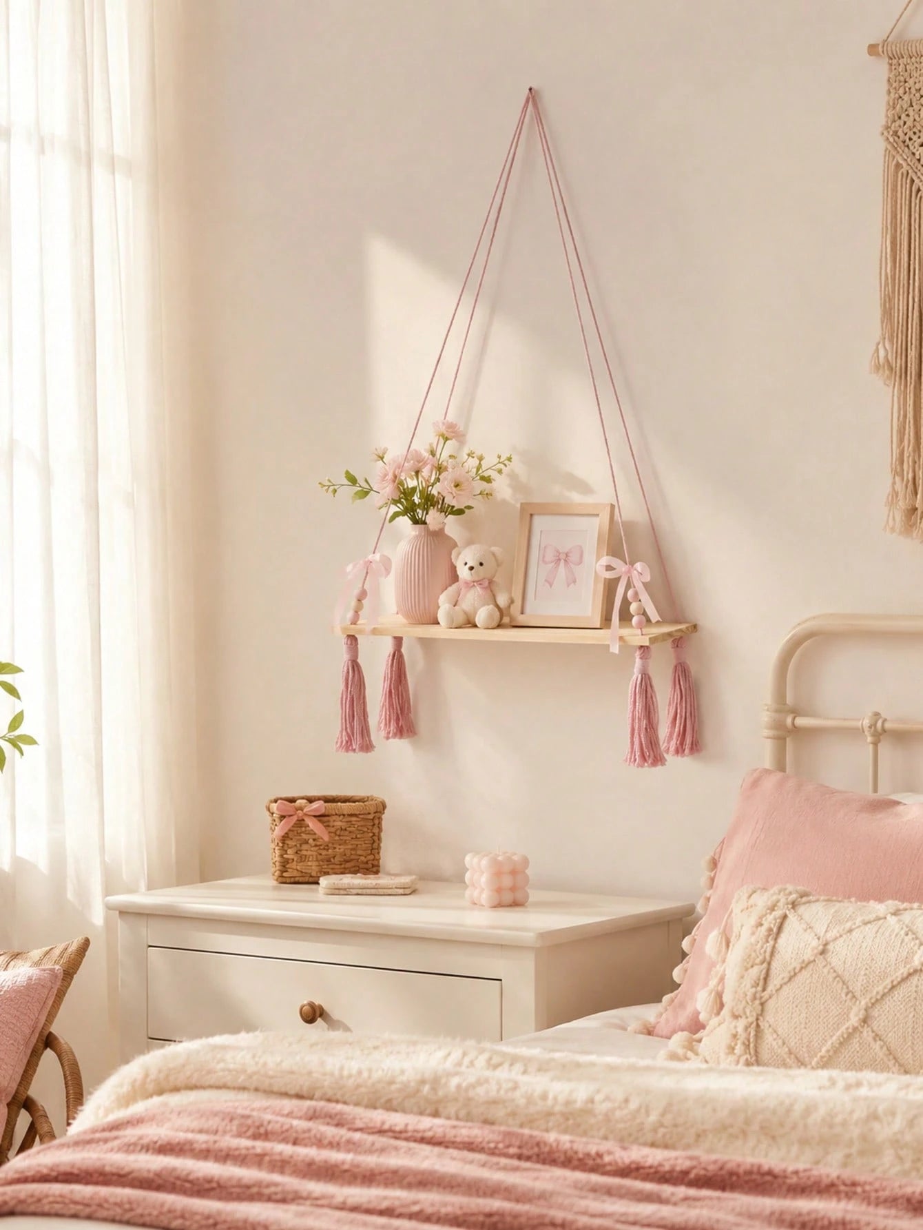 Pink Rope Woven Hanging Wall Shelf (With Wooden Board), Tassel Rope Nursery Decor, Bohemian Style Nursery Wall Storage Rack, Cute Bow Hanging Wall Shelf, Suitable For Children's Bedroom, Girls' Room
