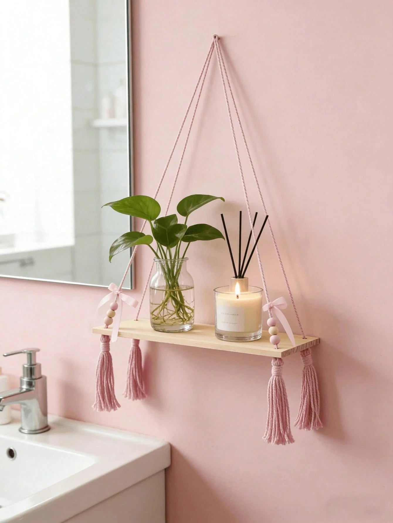 Pink Rope Woven Hanging Wall Shelf (With Wooden Board), Tassel Rope Nursery Decor, Bohemian Style Nursery Wall Storage Rack, Cute Bow Hanging Wall Shelf, Suitable For Children's Bedroom, Girls' Room